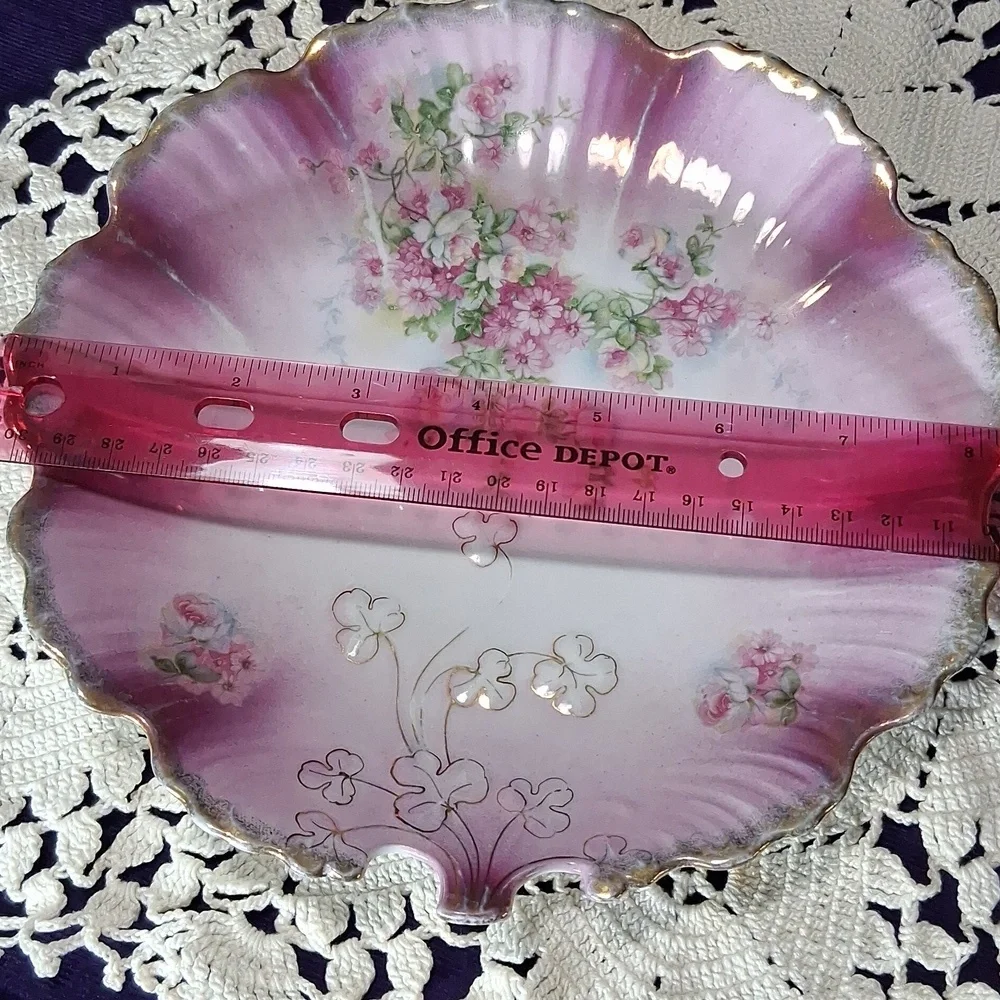 Antique MZ Austria Plate Porcelain Pink Roses Gilt Clovers Dish - Picture 12 of 12